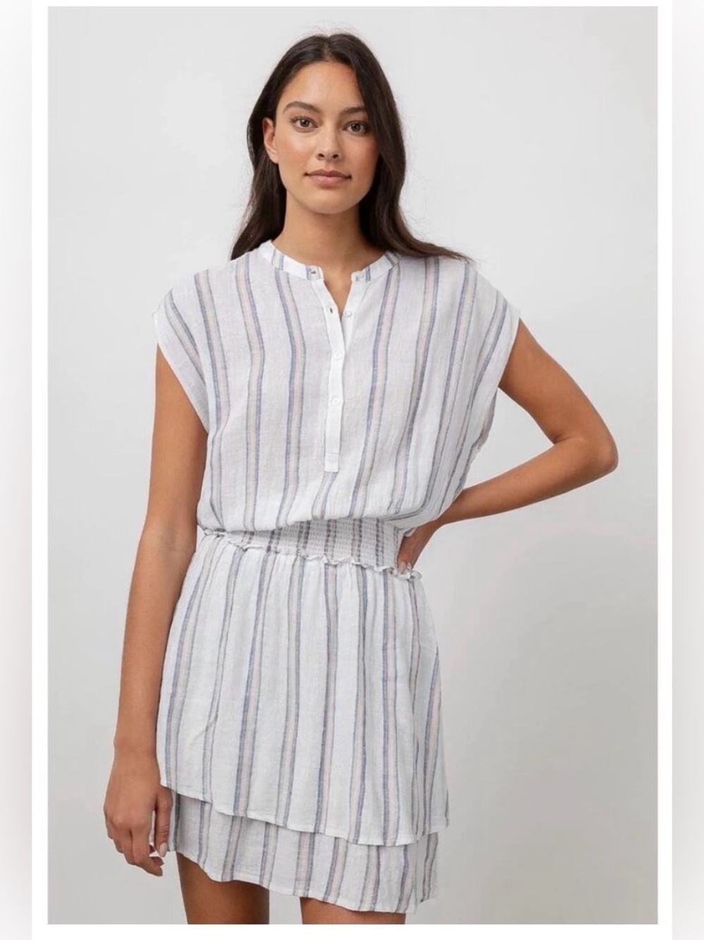 Rails Angelina Ryland Stripe Linen Blend Smocked Waist Mini Dress XS